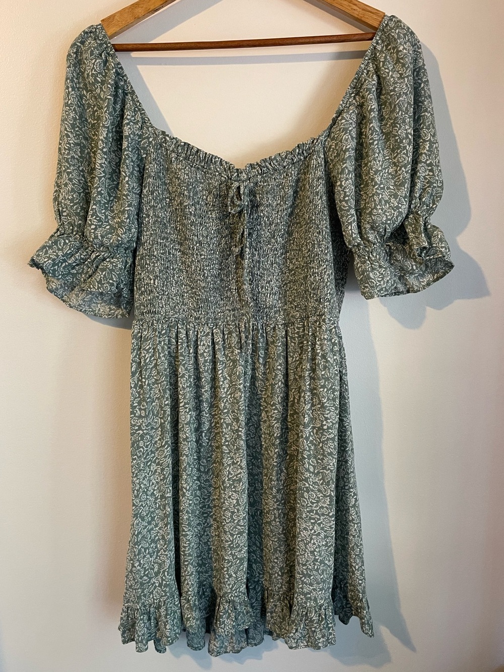 Angeleye London Sage Green Floral Smocked Cottagecore Milkmaid Mini Dress US 12